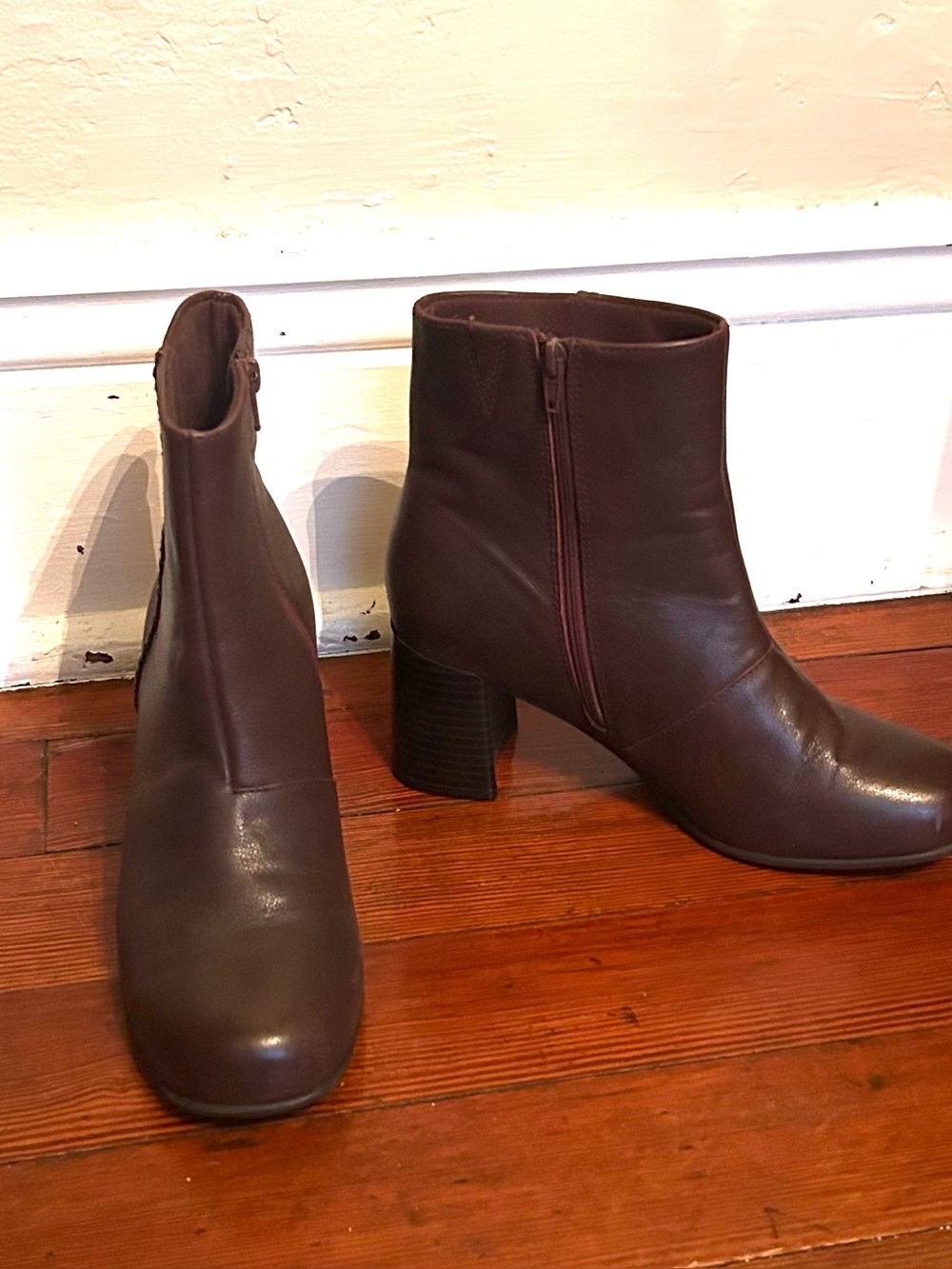 Clarks Dark Brown Leather Ankle Booties with Block Heel